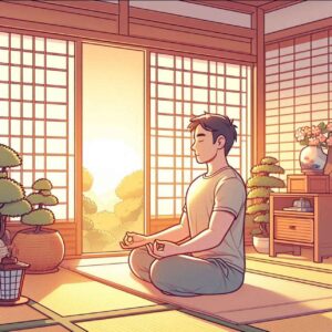 A person practices deep breathing with candles and soft lighting, surrounded by a calming environment of plants, journals, and essential oils. It's a cozy indoor setting showing stress management.