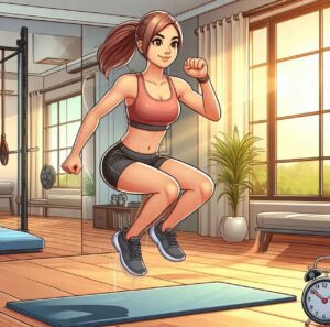 Woman doing Tabata jumping squats at home with a timer.