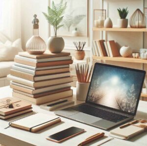 Well-organized workspace with personal development tools: books, laptop with productivity app, notebook, and calming accessories.