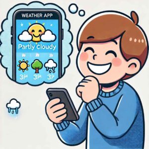 A person looking at a weather app with a hopeful expression.