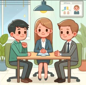 HR Generalist mediating a conflict between two coworkers in a calm discussion.