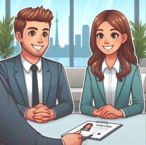 HR Generalist confidently speaking during an interview in a modern office.