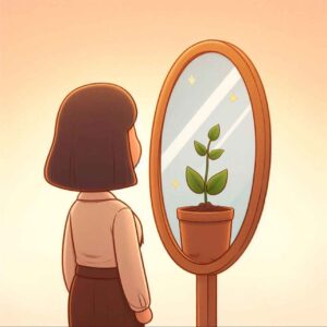 A person gazes into a mirror, seeing a growing plant symbolizing self-reflection instead of their reflection.