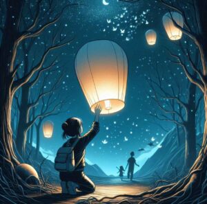 A person releases a glowing lantern into the night sky, symbolizing freedom.