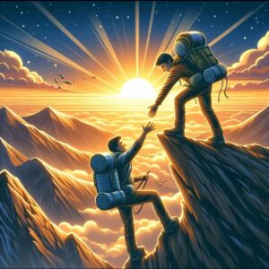 A person helps another climber up a mountain, symbolizing inspiration and mentorship.