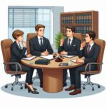 Teamwork in a law firm environment, with lawyers collaborating on a case.