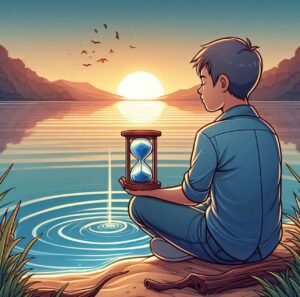 A person sits by a lake at sunrise, holding an hourglass, embracing patience.