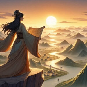 A representation of Li Changge overlooking a sunrise-lit valley, symbolizing visionary leadership.