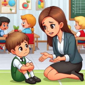 Teacher calmly supporting a child through a behavioral challenge.