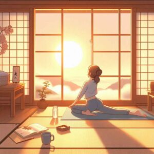 A woman begins her day with water, stretches, and morning light for mental clarity and focus.