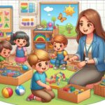 In early childhood education, children learning through play with supportive teacher nearby.