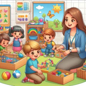 In early childhood education, children learning through play with supportive teacher nearby.