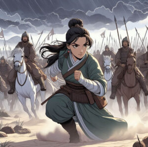 A representation of Li Changge revising battle plans under stormy skies, symbolizing adaptive leadership.