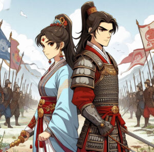 Representation of Li Changge and Ashile Sun of the Chinese Historical series, The Long Ballad standing united amid conflict, symbolizing strategic alliances.