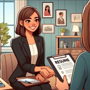 Confident teacher shaking hands during a preschool job interview.