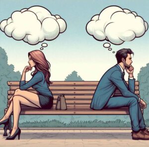 A couple sitting apart on a bench, symbolizing misunderstanding in a relationship.