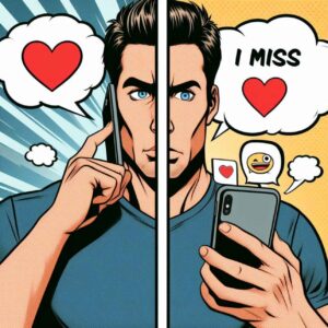 A man sending sweet texts while showing contradictory actions.