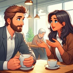 Man listening closely as woman shares gently.
