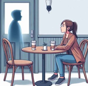 A woman sitting alone at a coffee shop waiting for someone who never shows up.